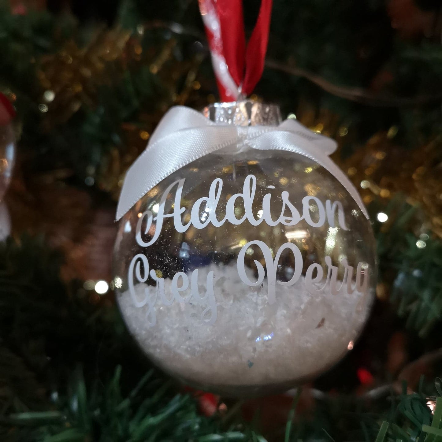 Personalised Christmas Bauble with name, snowflakes and ribbon from The Wrong End of Town