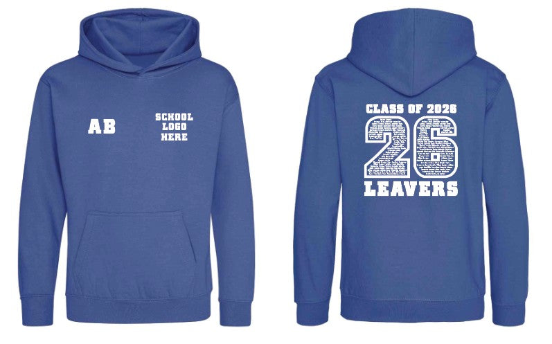Blue hoodie with 'AB' on the front and 'CLASS OF 2026 LEAVERS' on the back, on a white background. Leavers Hoodies 2026. Made by The Wrong End of Town in Dover, Kent.