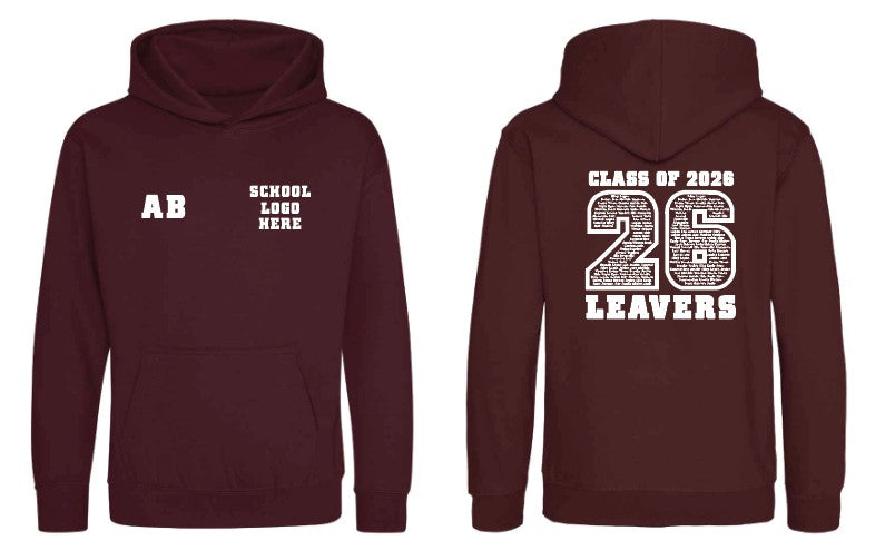 Maroon hoodie with 'Class of 2026 Leavers' text on the back, customizable front text. Leavers Hoodie 2026. Made by The Wrong End of Town in Dover, Kent.