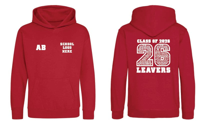 Red hoodie with 'AB School Leavers' text on the front and back, on a white background. Leavers Hoodie 2026. Made by The Wrong End of Town in Dover, Kent.