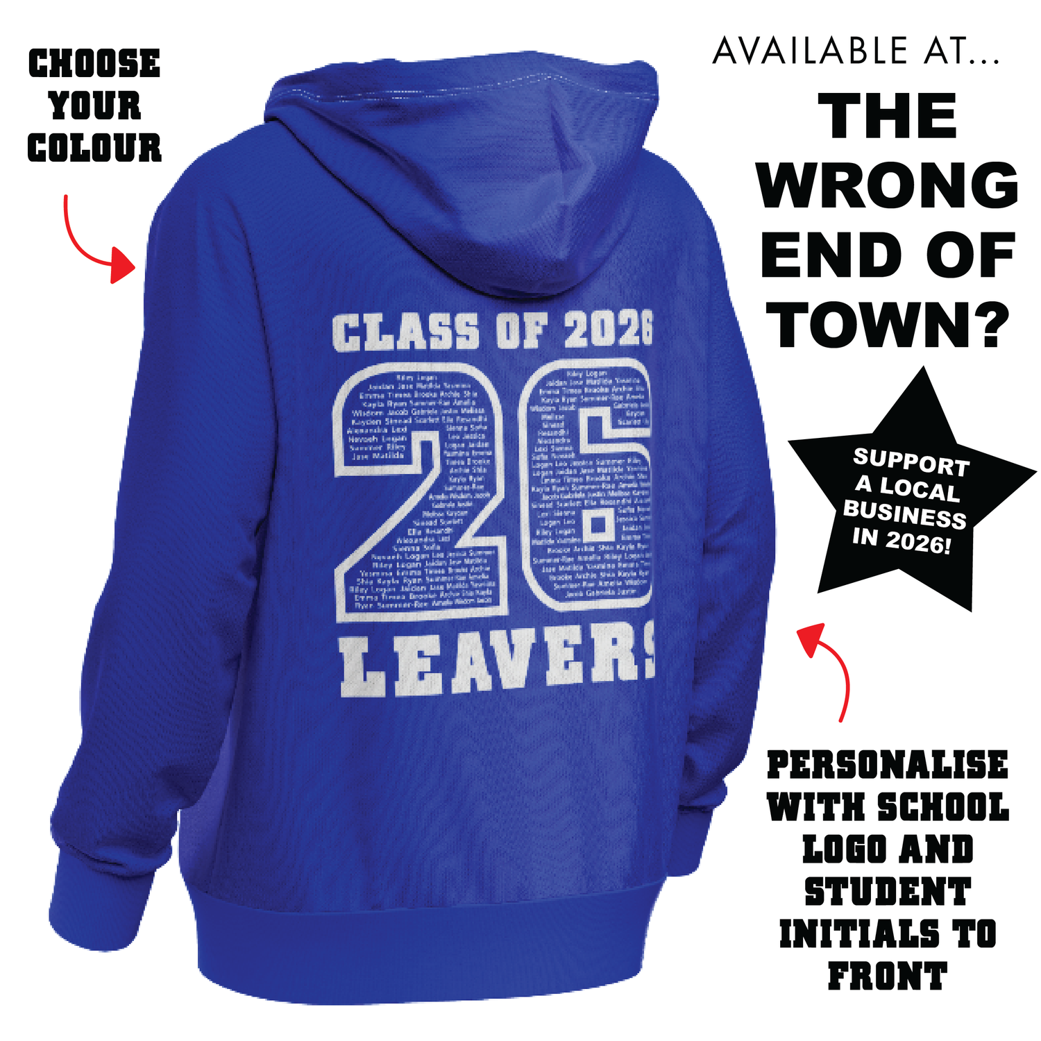 Blue hoodie with 'Class of 2026 Leavers' text on the back, promotional text around it. Leavers Hoodie 2026. 