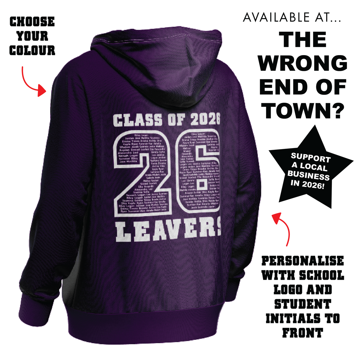 Purple hoodie with 'Class of 2026 Leavers' text on a white background. Leavers Hoodie 2026. Made by The Wrong End of Town in Dover, Kent.