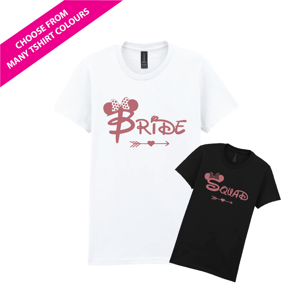 White and black t-shirts for a Disney themed Hen Do with 'Bride' and 'Squad' text and graphics on a white background. Made by The Wrong End of Town in Dover, Kent.