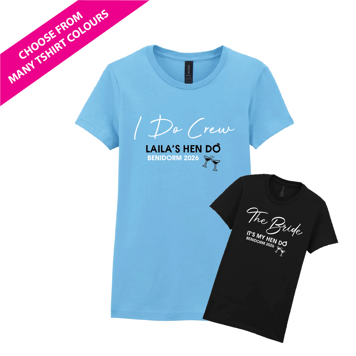 Two t-shirts, one blue and one black, with text for a hen do party on a white background. Made by The Wrong End of Town in Dover, Kent.