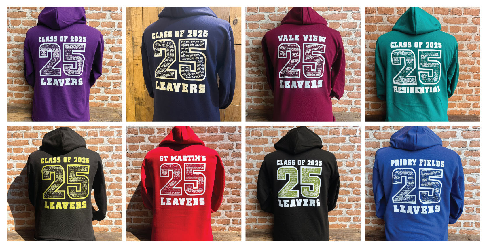 Collection of hoodies with 'Class of 2025 Leavers' text in various colours against a brick wall. Leavers Hoodies. Made by The Wrong End of Town in Dover, Kent.