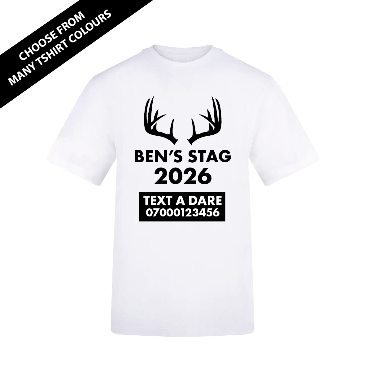 White t-shirt with black text and deer antlers design for a stag do on a white background. Made by The Wrong End of Town in Dover, Kent.