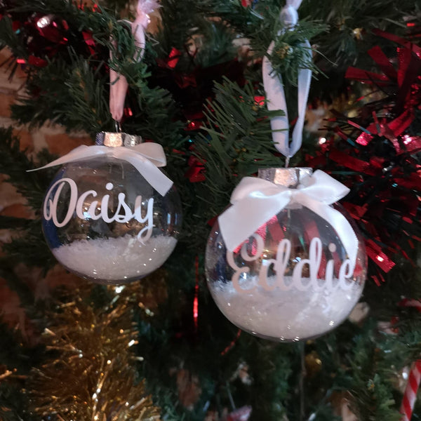 Personalised Christmas Bauble with name, snowflakes and ribbon