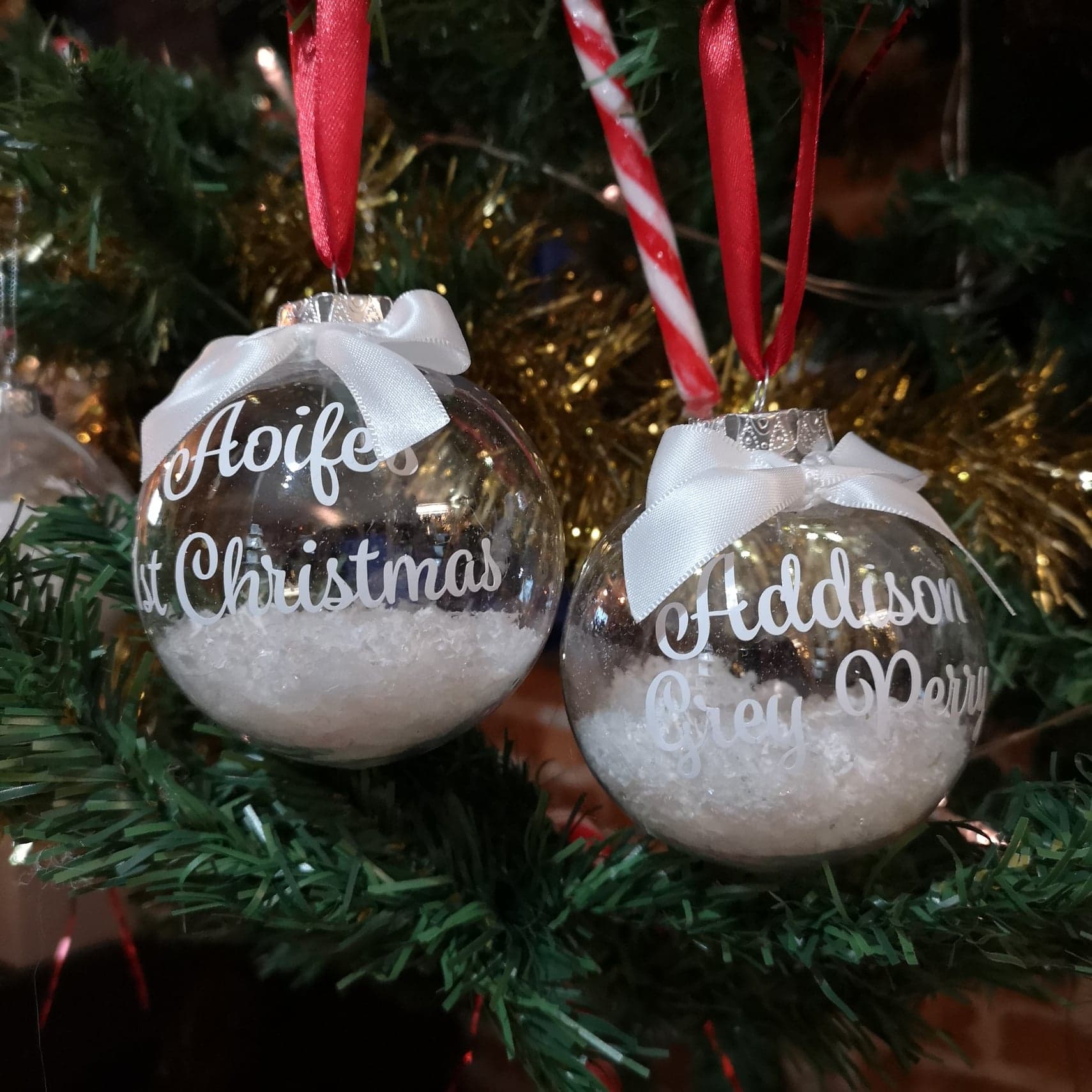 Personalised 1st Christmas Bauble with name, snowflakes and ribbon from The Wrong End of Town