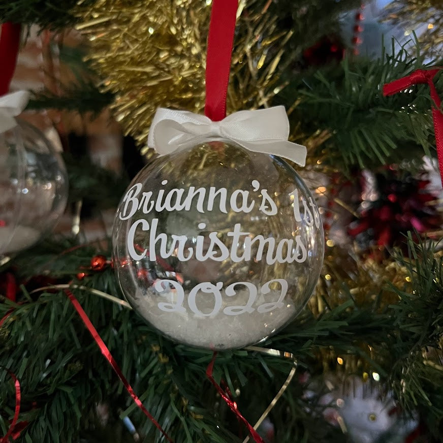 Personalised 1st Christmas Bauble with name, snowflakes and ribbon from The Wrong End of Town