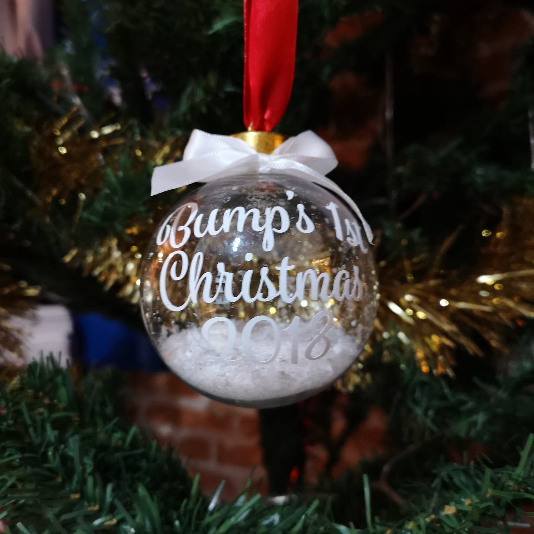 Personalised 1st Christmas Bauble with name, snowflakes and ribbon from The Wrong End of Town