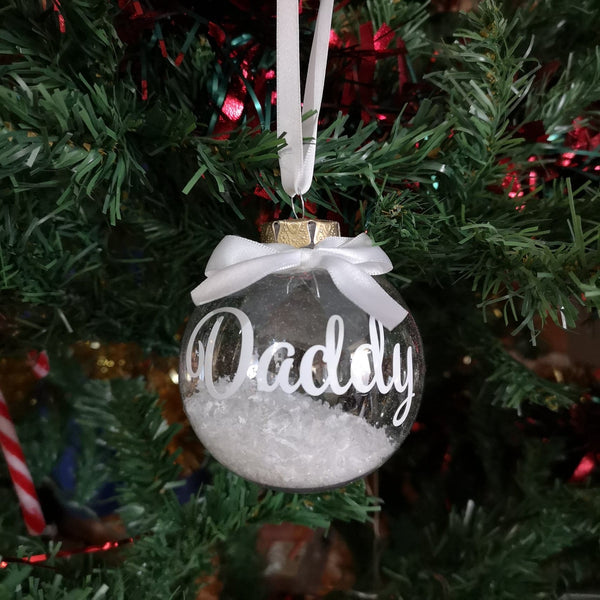 Personalised Christmas Bauble with name, snowflakes and ribbon