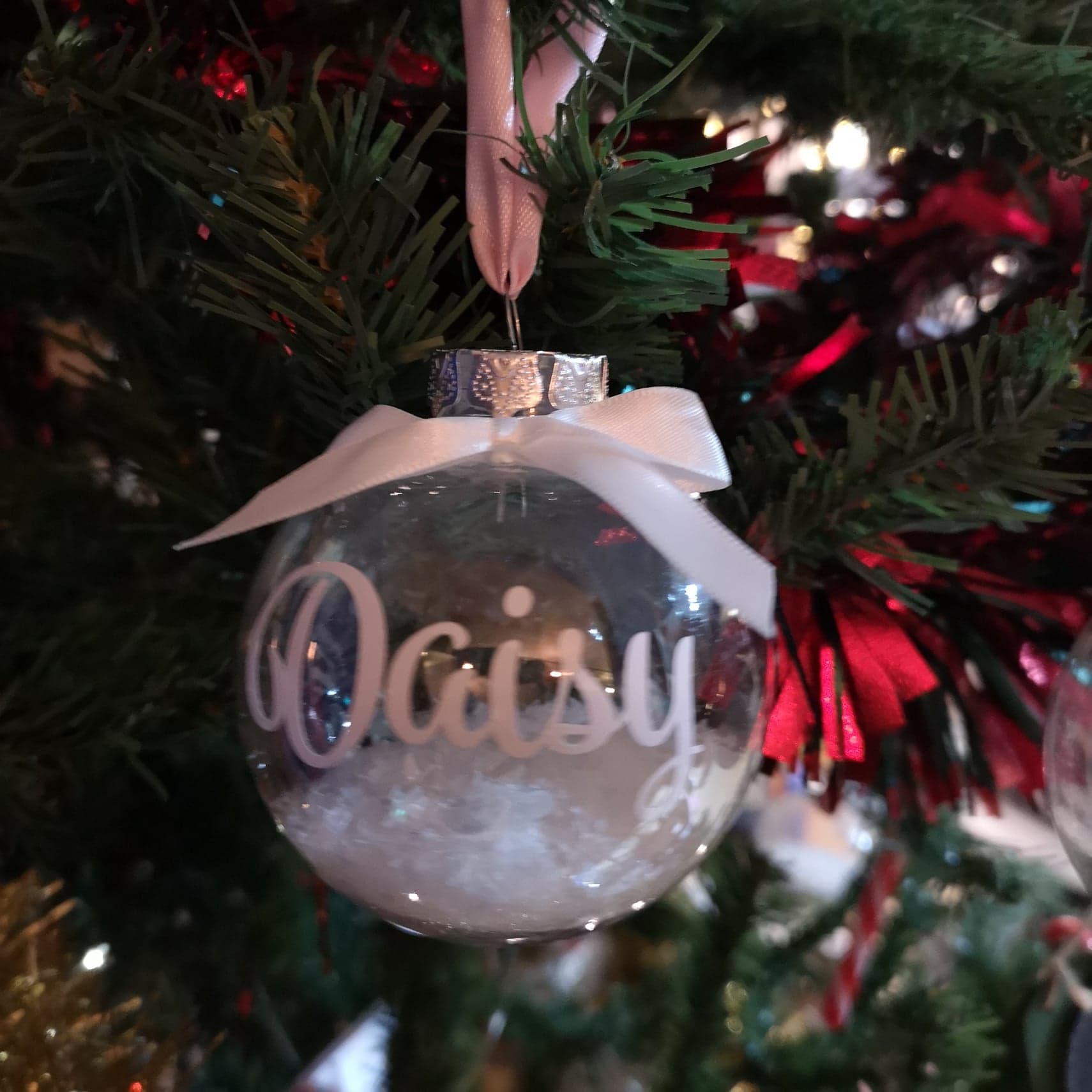Personalised Christmas Bauble with name, snowflakes and ribbon from The Wrong End of Town