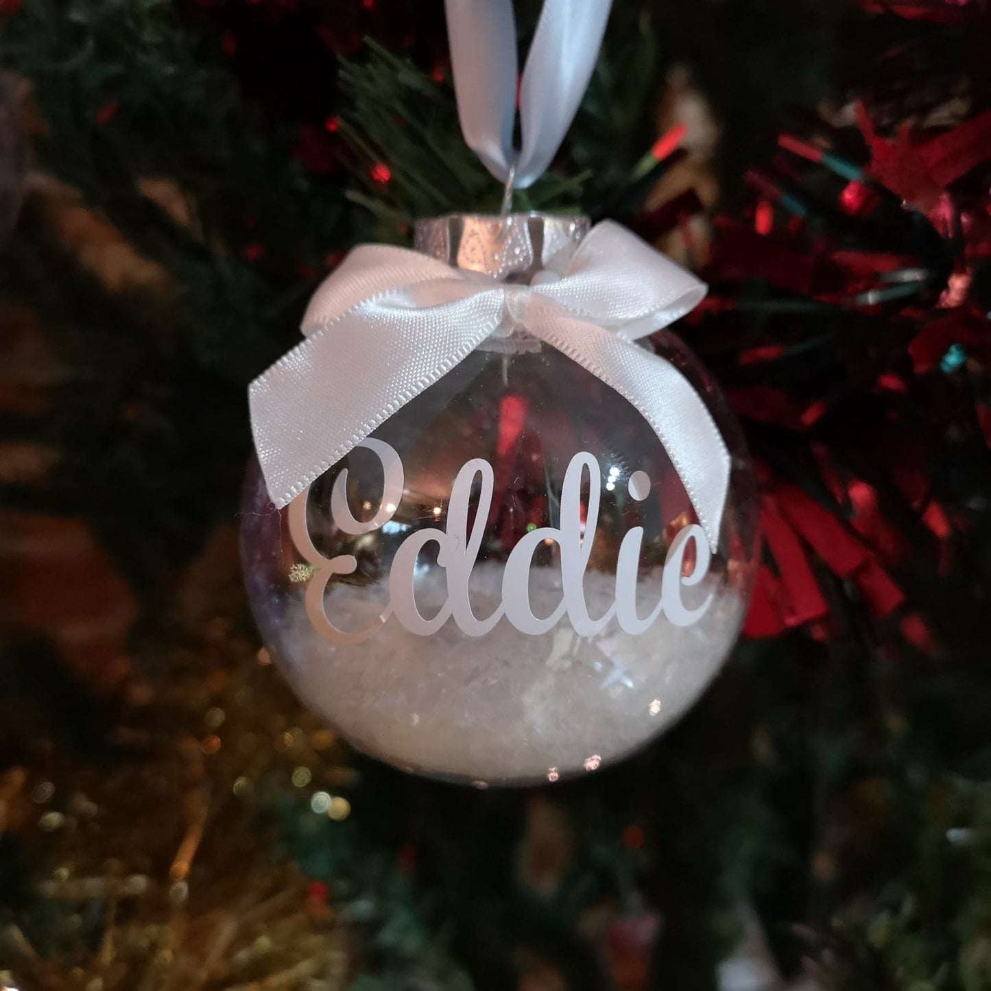 Personalised Christmas Bauble with name, snowflakes and ribbon from The Wrong End of Town