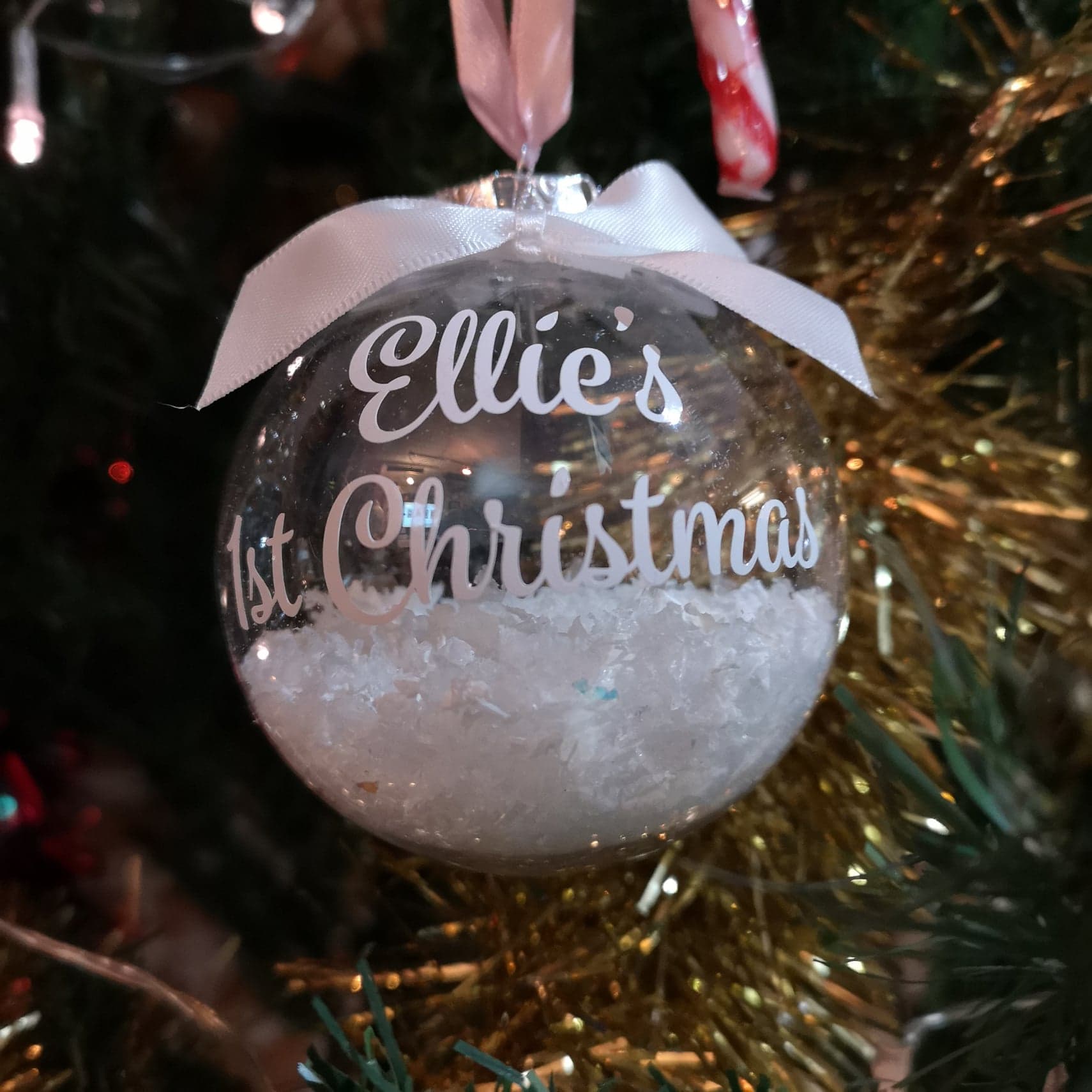 Personalised 1st Christmas Bauble with name, snowflakes and ribbon from The Wrong End of Town