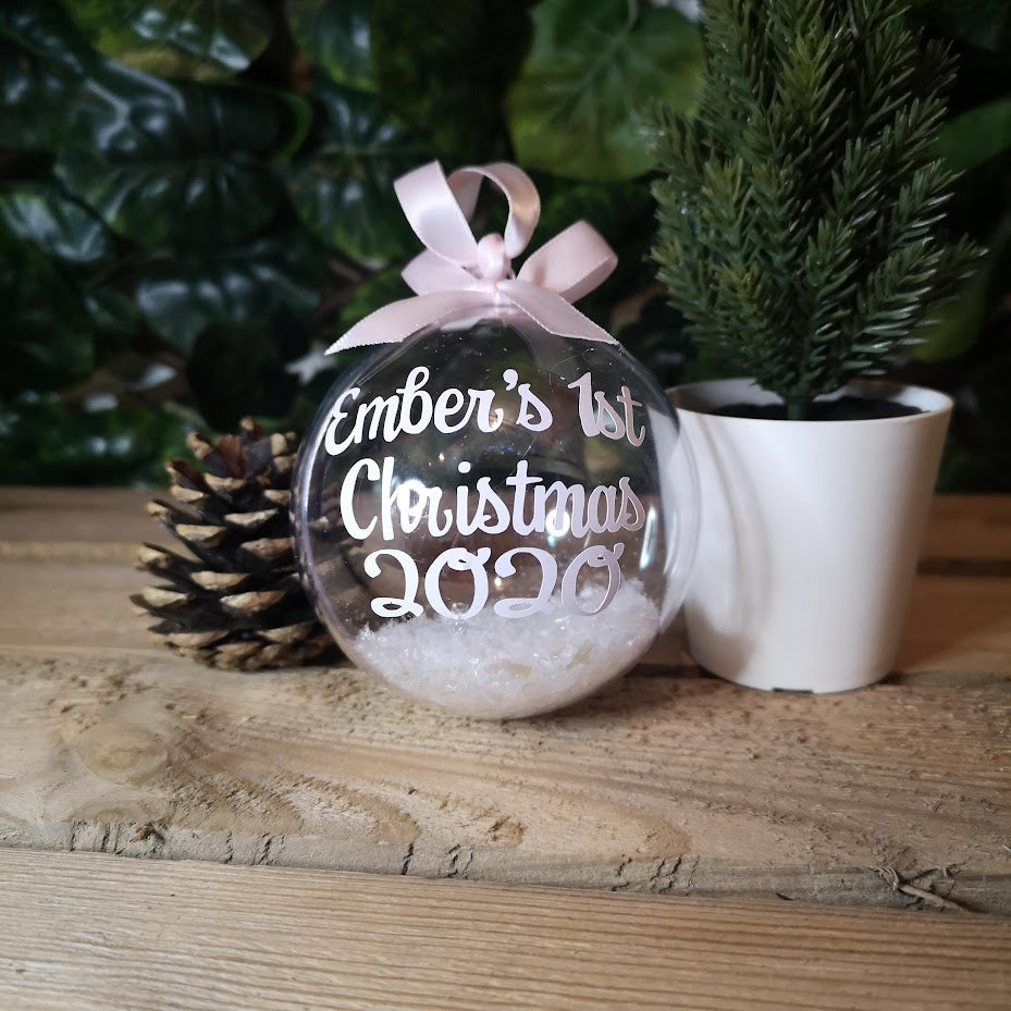 Personalised 1st Christmas Bauble with name, snowflakes and ribbon from The Wrong End of Town