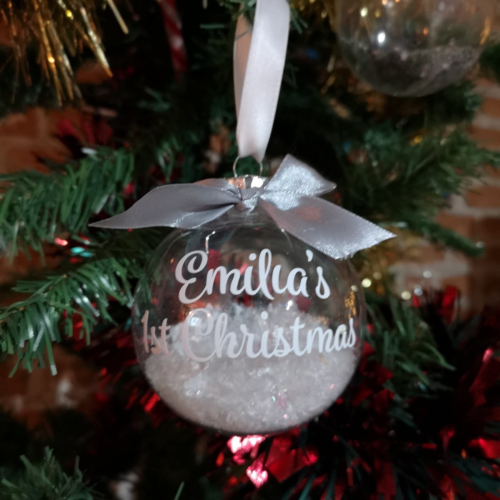 Personalised 1st Christmas Bauble with name, snowflakes and ribbon from The Wrong End of Town