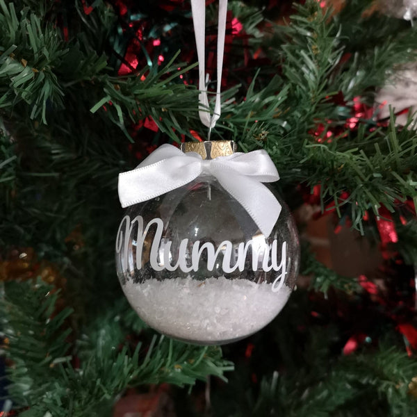 Personalised Christmas Bauble with name, snowflakes and ribbon