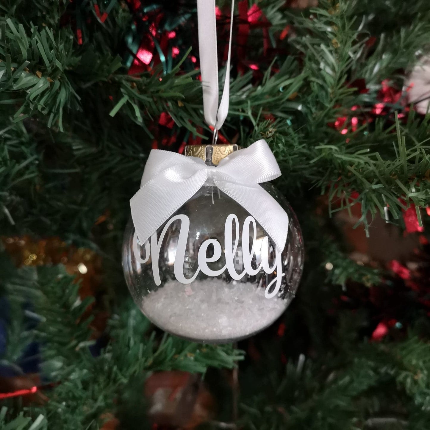 Personalised Christmas Bauble with name, snowflakes and ribbon from The Wrong End of Town