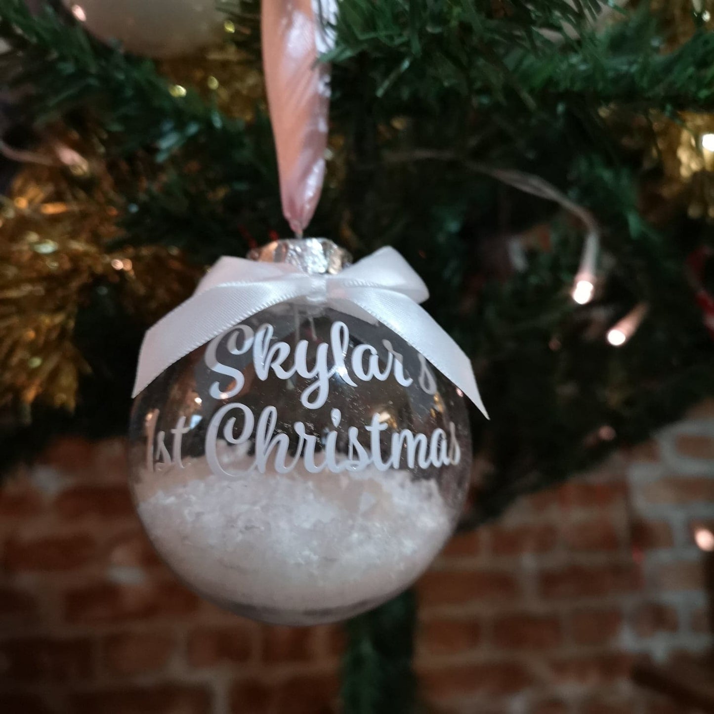 Personalised 1st Christmas Bauble with name, snowflakes and ribbon from The Wrong End of Town