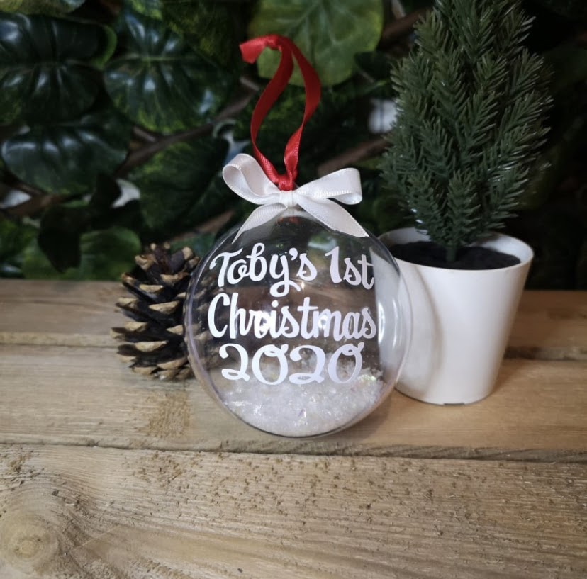 Personalised 1st Christmas Bauble with name, snowflakes and ribbon from The Wrong End of Town